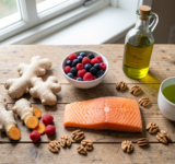 Table de cuisine avec des aliments anti-inflammatoires frais curcuma gingembre baies saumon noix huile et the vert