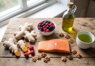 Table de cuisine avec des aliments anti-inflammatoires frais curcuma gingembre baies saumon noix huile et the vert