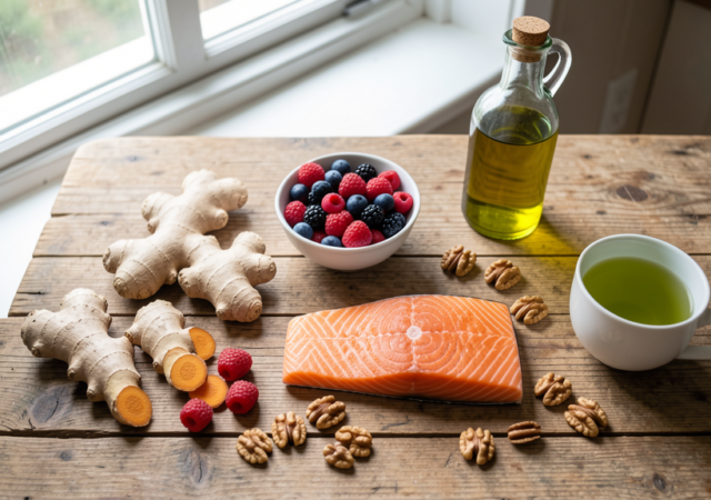 Table de cuisine avec des aliments anti-inflammatoires frais curcuma gingembre baies saumon noix huile et the vert