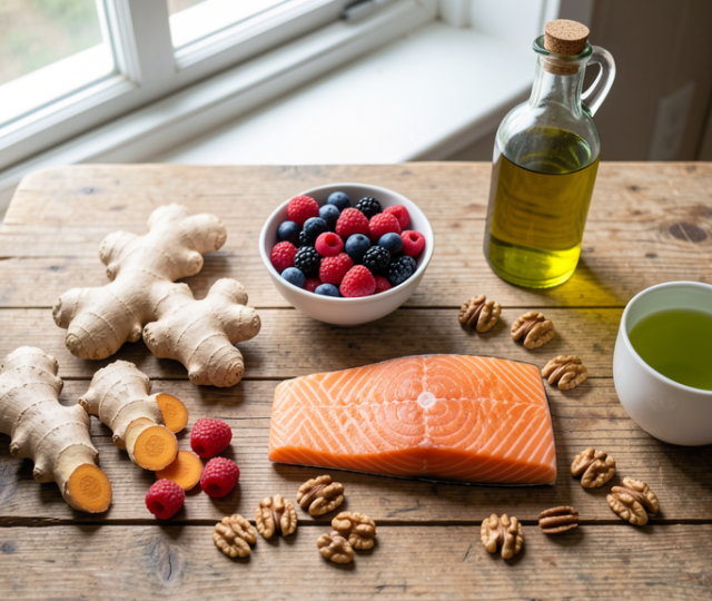 Table de cuisine avec des aliments anti-inflammatoires frais curcuma gingembre baies saumon noix huile et the vert