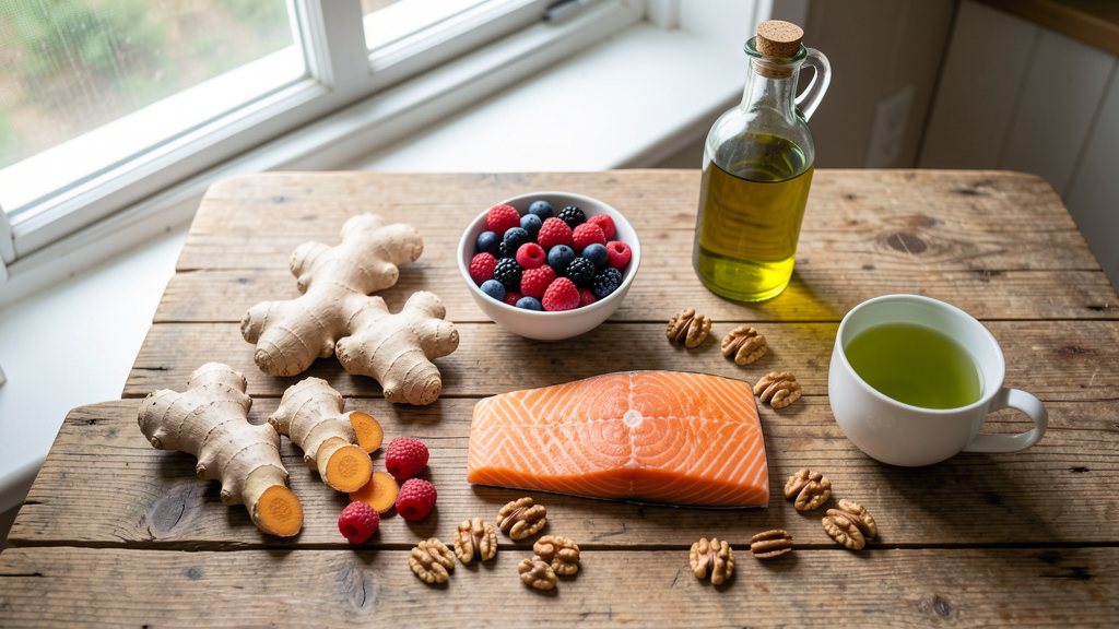 Table de cuisine avec des aliments anti-inflammatoires frais curcuma gingembre baies saumon noix huile et the vert