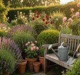 Jardin fleuri en été avec lavandes, rosiers et arbustes, arrosoir et outils posés sur un banc en bois, lumière dorée de fin de journée