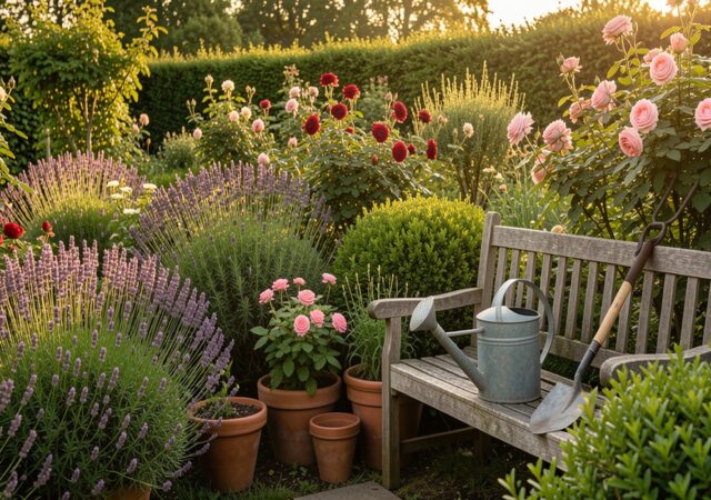 Jardin fleuri en été avec lavandes, rosiers et arbustes, arrosoir et outils posés sur un banc en bois, lumière dorée de fin de journée