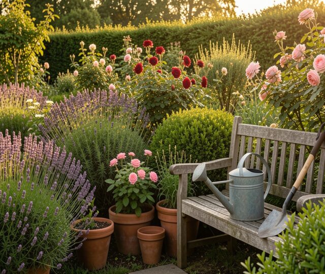 Jardin fleuri en été avec lavandes, rosiers et arbustes, arrosoir et outils posés sur un banc en bois, lumière dorée de fin de journée
