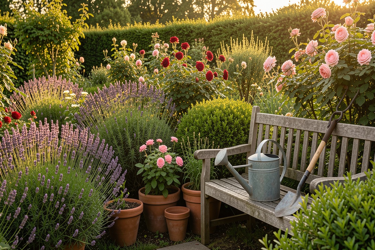 Jardin fleuri en été avec lavandes, rosiers et arbustes, arrosoir et outils posés sur un banc en bois, lumière dorée de fin de journée