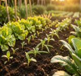 Rangs de légumes d'été dans un potager ensoleillé : haricots, salades et jeunes pousses prometteuses