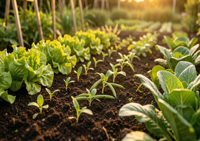 Rangs de légumes d'été dans un potager ensoleillé : haricots, salades et jeunes pousses prometteuses