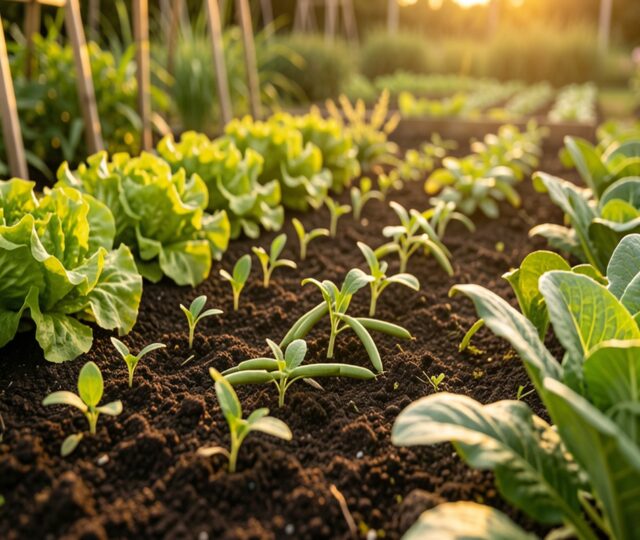 Rangs de légumes d'été dans un potager ensoleillé : haricots, salades et jeunes pousses prometteuses