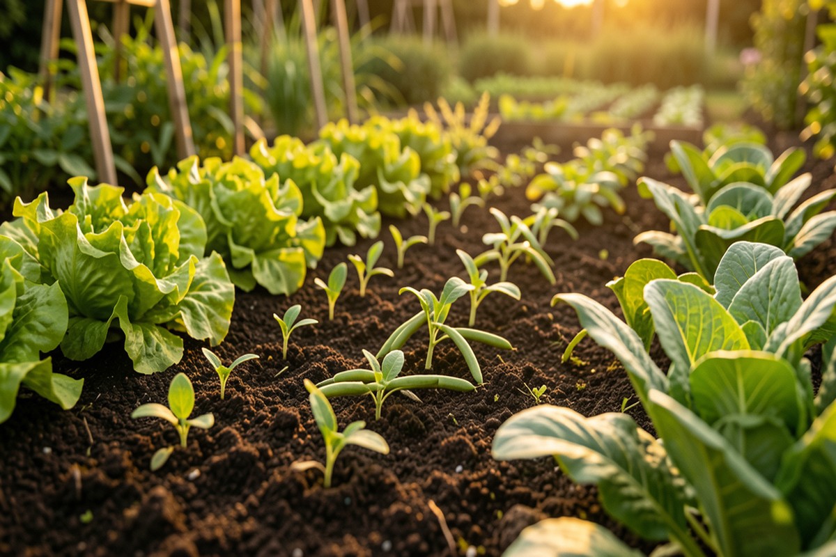 Rangs de légumes d'été dans un potager ensoleillé : haricots, salades et jeunes pousses prometteuses