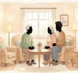 Illustration d une famille et personnes agees dans un interieur chaleureux symbolisant le soutien et l autonomie