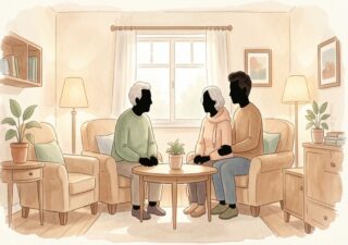 Illustration d une famille et personnes agees dans un interieur chaleureux symbolisant le soutien et l autonomie