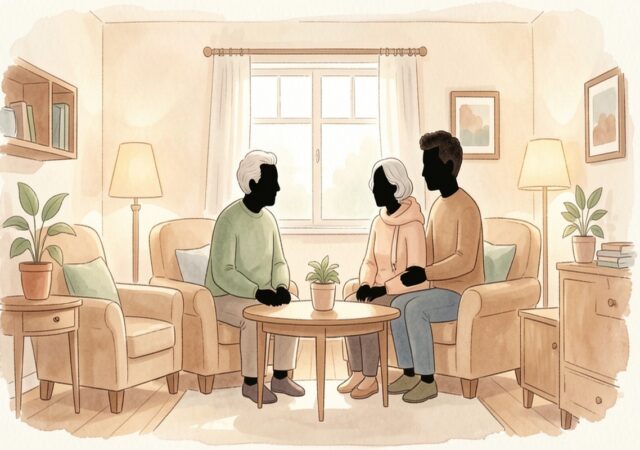 Illustration d une famille et personnes agees dans un interieur chaleureux symbolisant le soutien et l autonomie