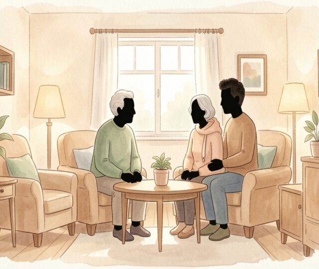 Illustration d une famille et personnes agees dans un interieur chaleureux symbolisant le soutien et l autonomie