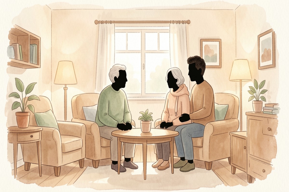 Illustration d une famille et personnes agees dans un interieur chaleureux symbolisant le soutien et l autonomie