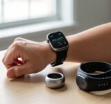 Montre connectée, bague de santé et bracelet fitness disposés sur un bureau en bois avec lumière naturelle