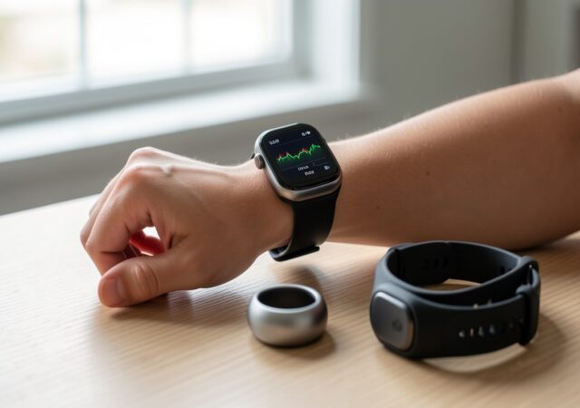 Montre connectée, bague de santé et bracelet fitness disposés sur un bureau en bois avec lumière naturelle