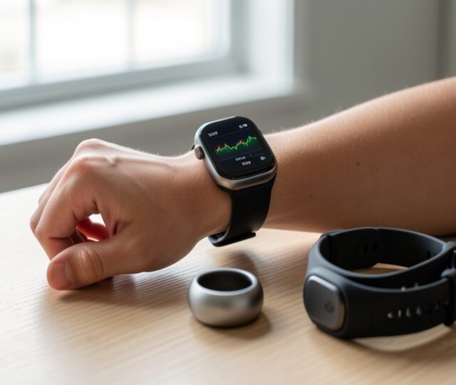 Montre connectée, bague de santé et bracelet fitness disposés sur un bureau en bois avec lumière naturelle
