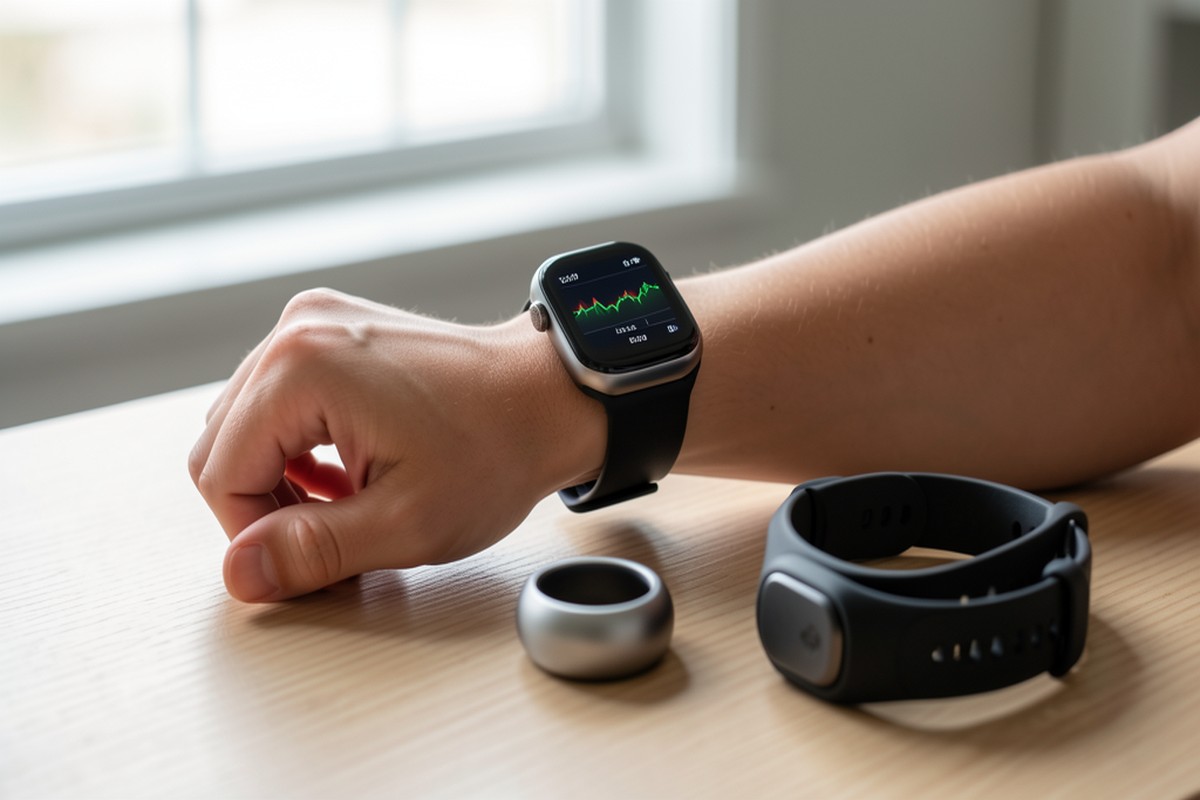 Montre connectée, bague de santé et bracelet fitness disposés sur un bureau en bois avec lumière naturelle