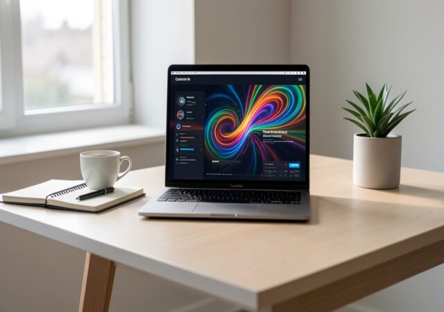 Bureau minimaliste avec ordinateur portable affichant des outils d intelligence artificielle, carnet et tasse de café