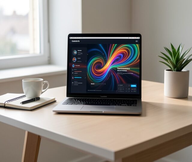 Bureau minimaliste avec ordinateur portable affichant des outils d intelligence artificielle, carnet et tasse de café