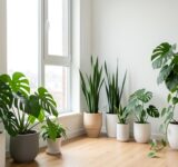 Appartement lumineux avec une collection de plantes vertes variées près d'une grande fenêtre
