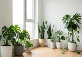 Appartement lumineux avec une collection de plantes vertes variées près d'une grande fenêtre