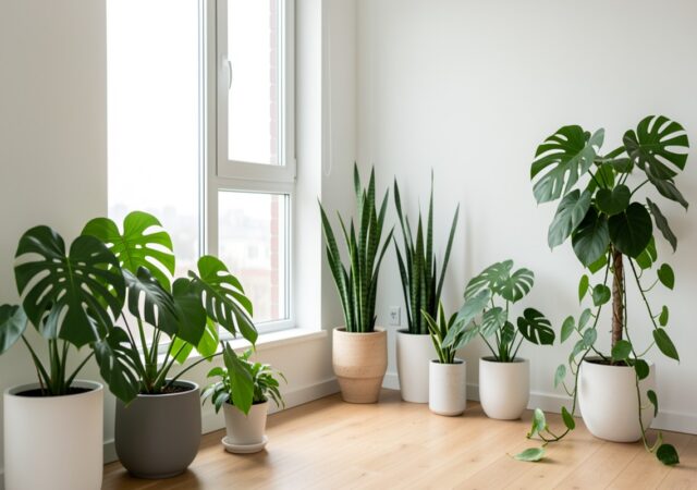 Appartement lumineux avec une collection de plantes vertes variées près d'une grande fenêtre