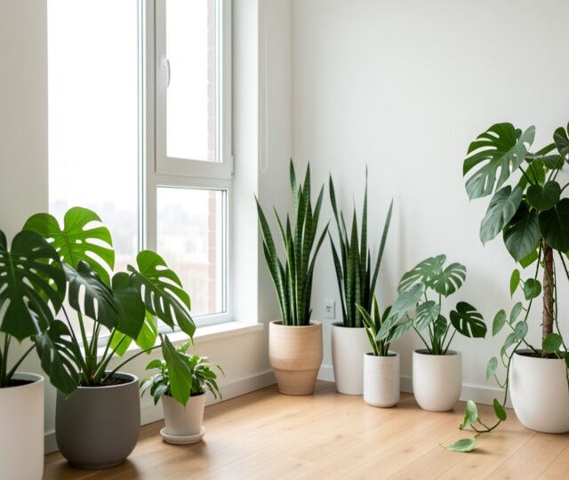 Appartement lumineux avec une collection de plantes vertes variées près d'une grande fenêtre