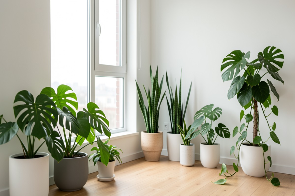 Appartement lumineux avec une collection de plantes vertes variées près d'une grande fenêtre
