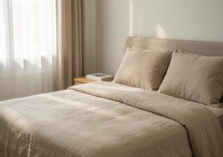 Chambre paisible avec literie en lin beige et lumière douce du matin filtrant à travers les rideaux