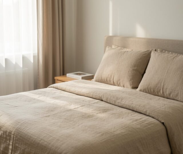 Chambre paisible avec literie en lin beige et lumière douce du matin filtrant à travers les rideaux