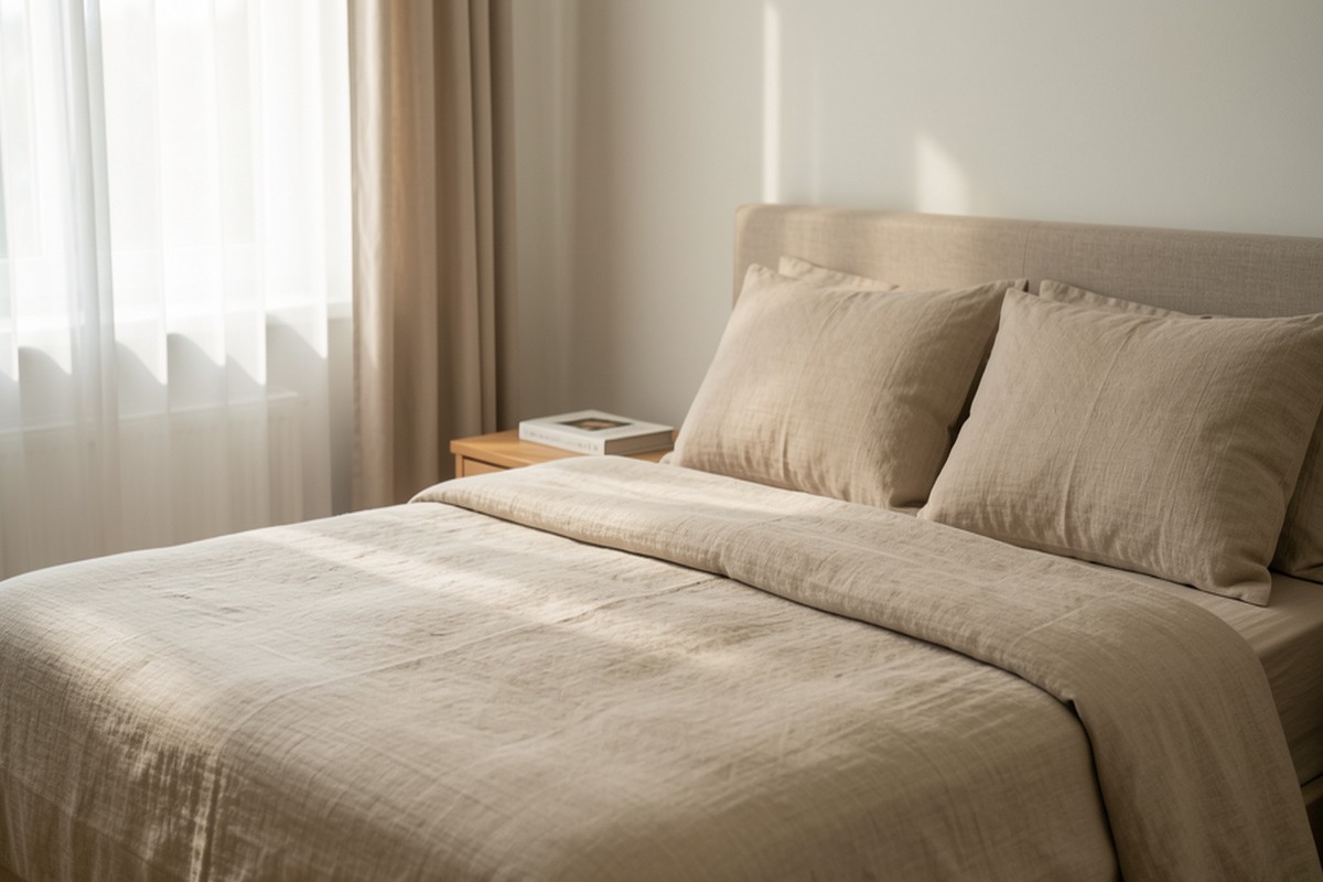 Chambre paisible avec literie en lin beige et lumière douce du matin filtrant à travers les rideaux