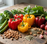 Assiette de légumes frais, noix et graines pour une alimentation anti-carences après 40 ans