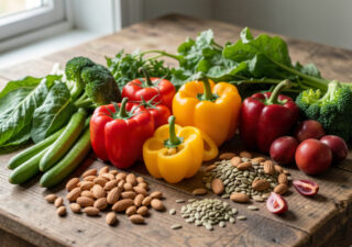 Assiette de légumes frais, noix et graines pour une alimentation anti-carences après 40 ans