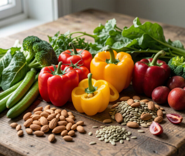 Assiette de légumes frais, noix et graines pour une alimentation anti-carences après 40 ans
