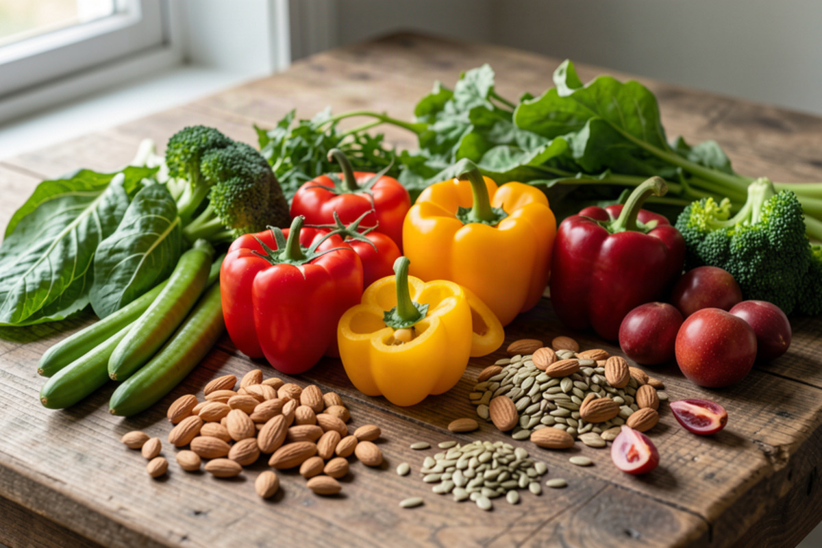 Assiette de légumes frais, noix et graines pour une alimentation anti-carences après 40 ans