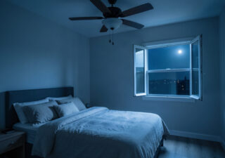 Chambre à coucher fraîche avec ventilateur de plafond et draps en lin pour dormir sans climatisation pendant la canicule