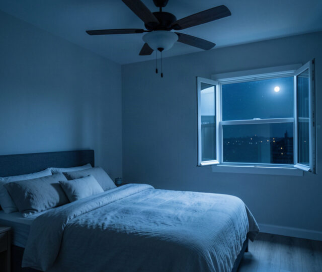 Chambre à coucher fraîche avec ventilateur de plafond et draps en lin pour dormir sans climatisation pendant la canicule