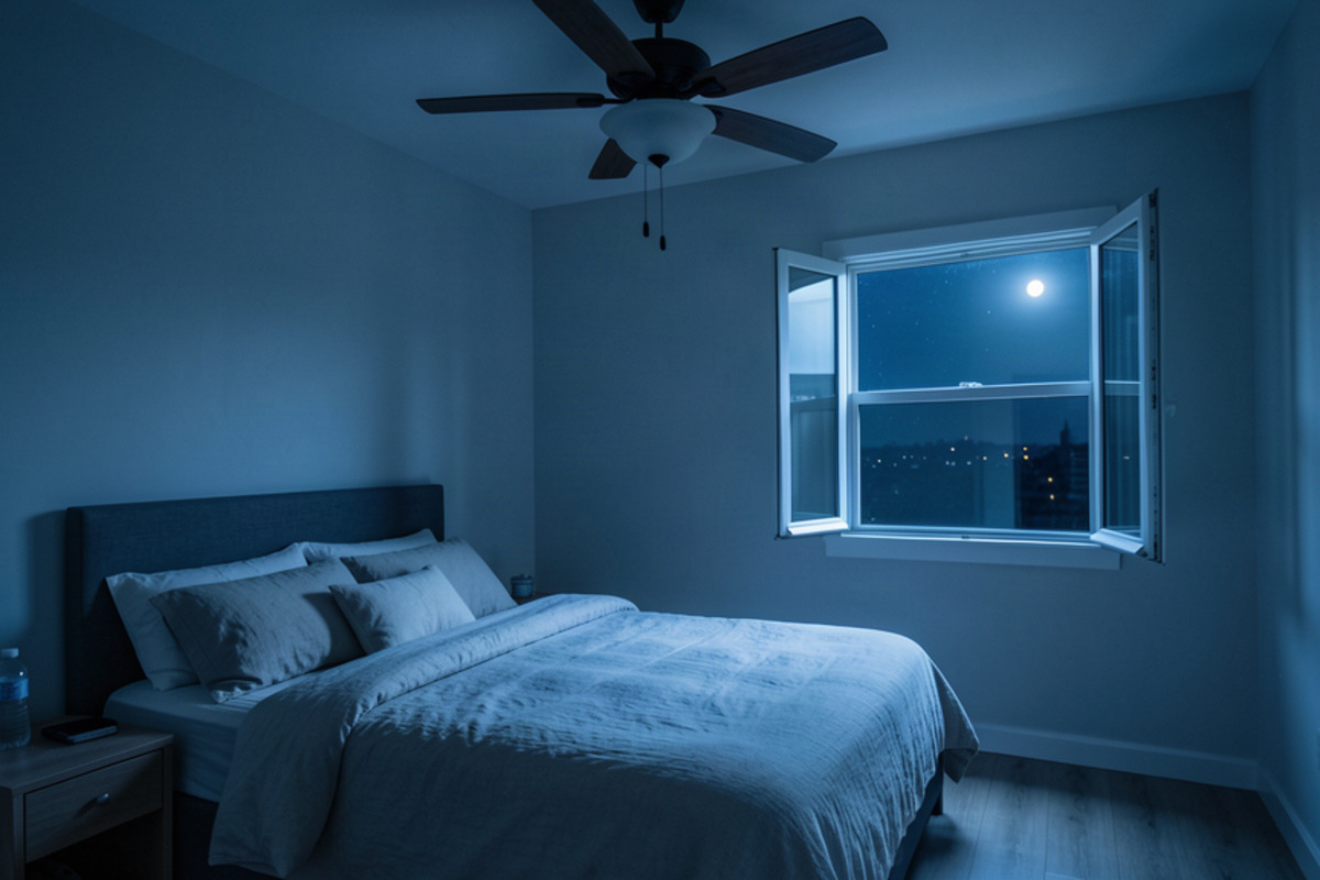 Chambre à coucher fraîche avec ventilateur de plafond et draps en lin pour dormir sans climatisation pendant la canicule