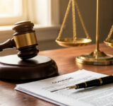 Balance de justice et marteau de juge sur un bureau, symbolisant les droits des consommateurs