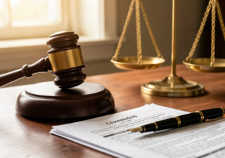 Balance de justice et marteau de juge sur un bureau, symbolisant les droits des consommateurs