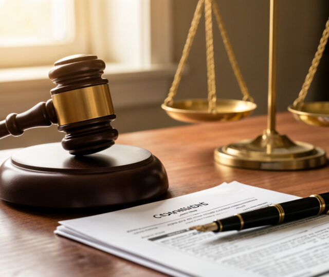 Balance de justice et marteau de juge sur un bureau, symbolisant les droits des consommateurs