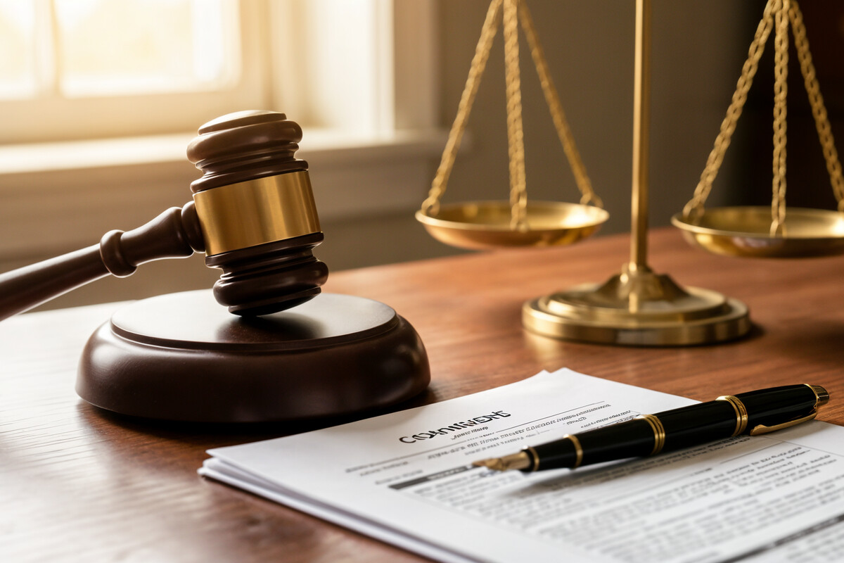 Balance de justice et marteau de juge sur un bureau, symbolisant les droits des consommateurs