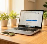 Ordinateur portable et smartphone sur un bureau lumineux, illustration de la visibilité en ligne entre SEO, Google Discover et IA générative