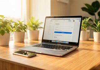 Ordinateur portable et smartphone sur un bureau lumineux, illustration de la visibilité en ligne entre SEO, Google Discover et IA générative