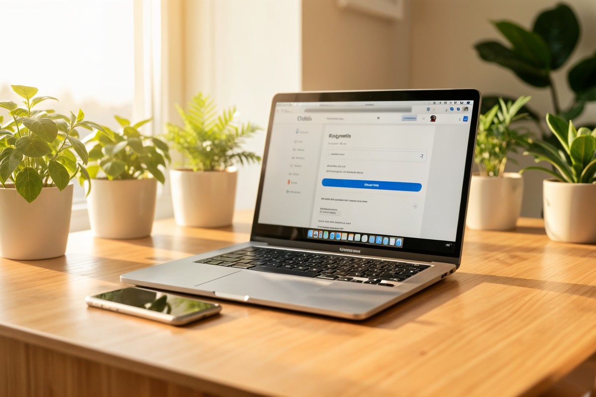 Ordinateur portable et smartphone sur un bureau lumineux, illustration de la visibilité en ligne entre SEO, Google Discover et IA générative