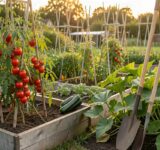 Potager productif en fin d été avec tomates mûres courgettes et outils de jardinage en bois