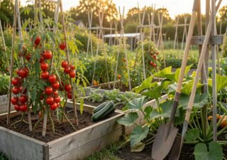 Potager productif en fin d été avec tomates mûres courgettes et outils de jardinage en bois