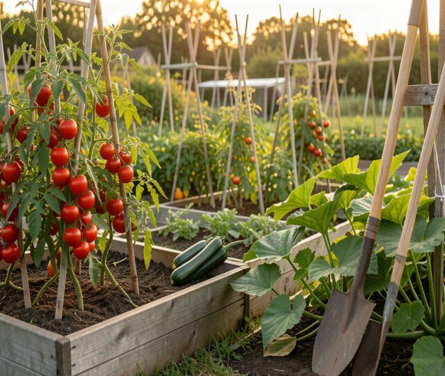Potager productif en fin d été avec tomates mûres courgettes et outils de jardinage en bois