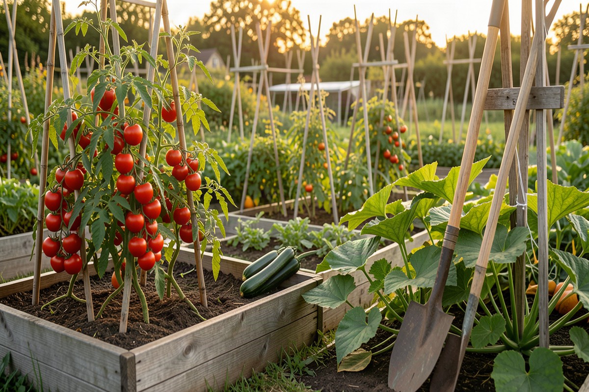 Potager productif en fin d été avec tomates mûres courgettes et outils de jardinage en bois